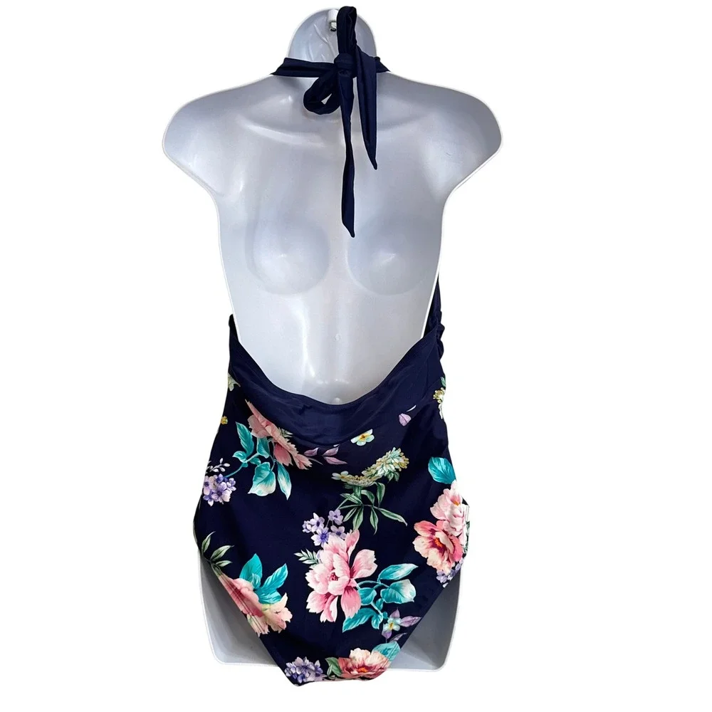 Cupshe Navy Blue Floral Halter One Piece Swimsuit XL‎